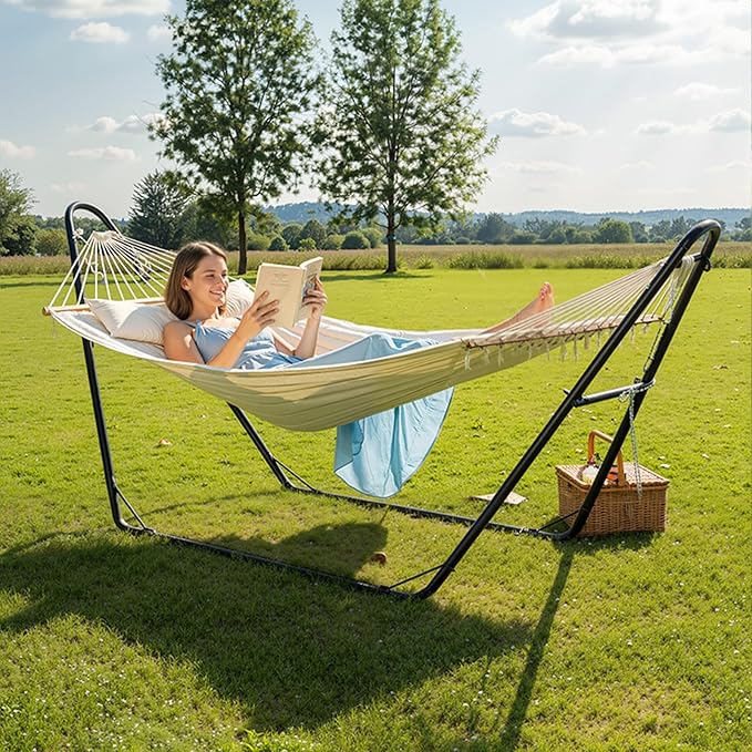 ONCLOUD Sandblasted Iron Hammock Stand only Heavy Duty Adjustable Hammock Frame Fits Various Hammocks Portable Double-Barrel Hammock Support for Outdoors Patio Garden Yard 550 LBS Black