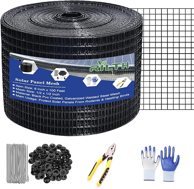 8in X 100ft Critter Guard for Solar Panels 1/2inch PVC Coated Solar Panel Guard Critter Guard Roll Kit for Solar Panel Wire Mesh Black Pigeon Barrier with 120pcs Fasteners Cutting Scissor Gloves