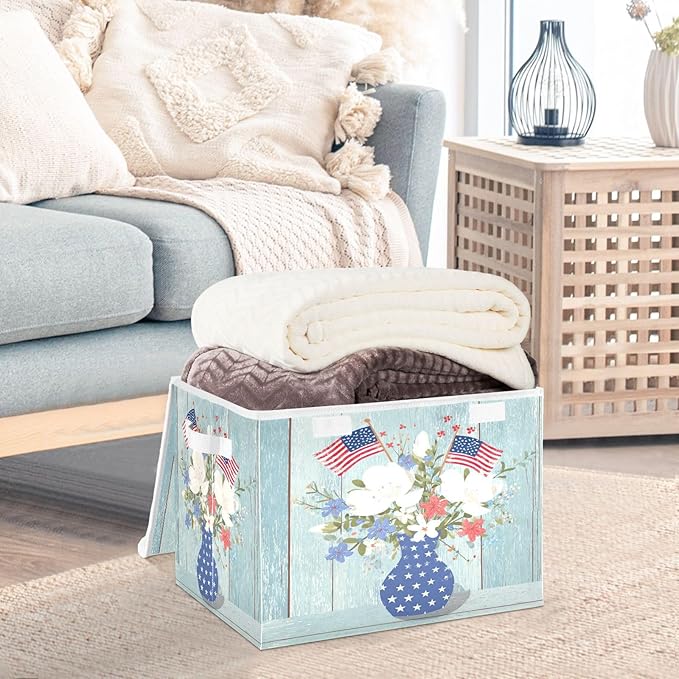 Wood Grain Flowers 4th July Storage Box with Lid 1 PC Foldable Storage Bin with Lids Stackable Storage Bins Cube Closet Organizer Basket with Flip-Top Lid &amp Handles for Shoes Books Towels