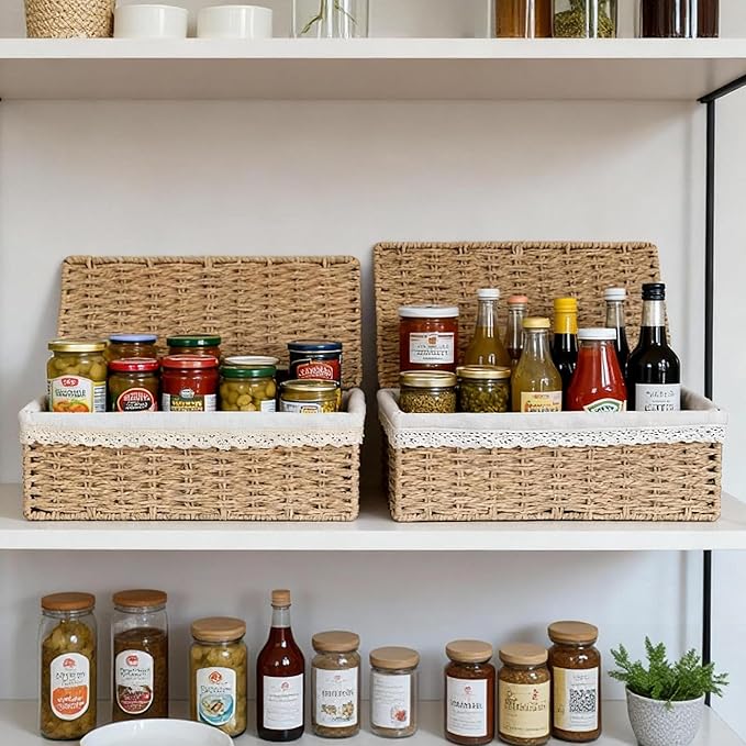 Nonam Large Basket with Lid set of 3 Rattan Divided Baskets Organizer for Shelf Natural Wicker Storage Basket Bins for Closet Boho Shelf Decor Covered Basket Home Storage Container