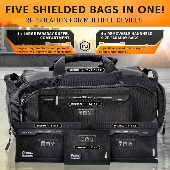 Mission Darkness Disconnect Faraday Duffel Bag + 4 Detachable Faraday Pockets // Military-Grade RF Shielding for Large Electronics &amp Mobile Devices // Travel Protection Signal Isolation Data Priva