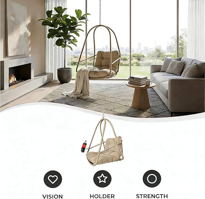 JESE Hanging Egg Chair with 304 Stainless Steel Hook: Indoor Woven Rattan Swing Chair Foldable Design Cup Holder &amp Cushion 350lb Weight Capacity for Balcony Garden PatioKhaki