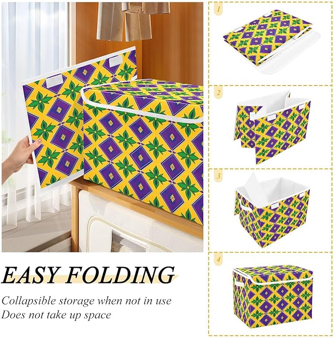 Storage Baskets with Lids Collapsible Bins Stackable Fabric Linen Baskets Closet Organizer Container Mardi Gras 16.5x12.6x11.8