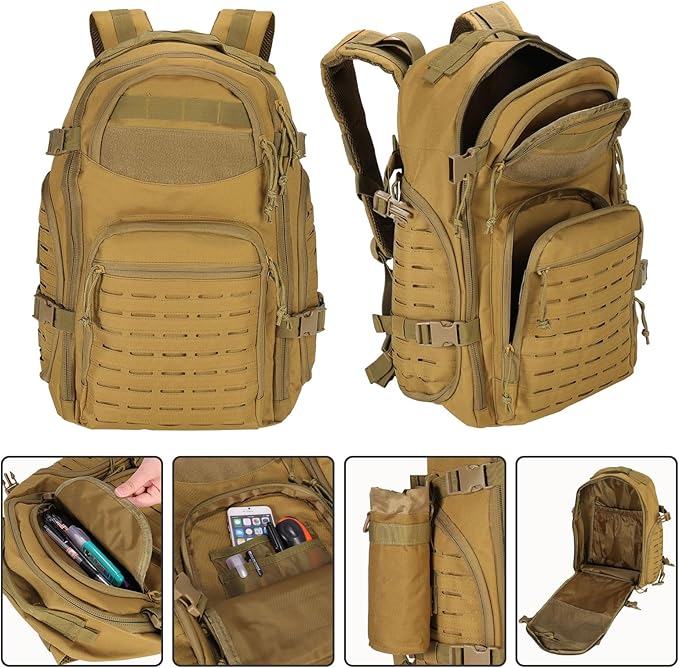 LiveGo 45L Military Tactical Backpack Hiking Trekking Rucksack with Water Bottle Sleeve - Suitable for Hiking Climbing Traveling (Light Brown)