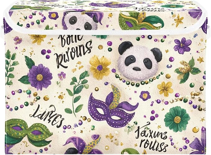 Mardi Gras Masks Leaves Beige Storage Box with Lid 1 PC Foldable Storage Bin with Lids Stackable Storage Bins Cube Closet Organizer Basket with Flip-Top Lid &amp Handles for Shoes Books Towels