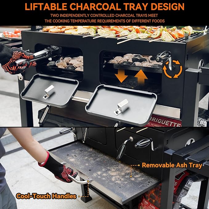 ONLYFIRE GRILLS Large BBQ Charcoal Grill with Cart &amp 2 Liftable Charcoal Trays 794 SQ.IN Cooking Area Heavy Duty Outdoor Barbecue Grill with Foldable Side Tables Wheels &amp Cover GS339