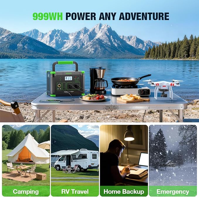 Solar Generator 1000W（2000W Peak）Portable Power Station 110V Pure Sine Wave AC Outlets 60W USB-C PD Fast Charging 10 Ports for RV TripCampingHome Emergency