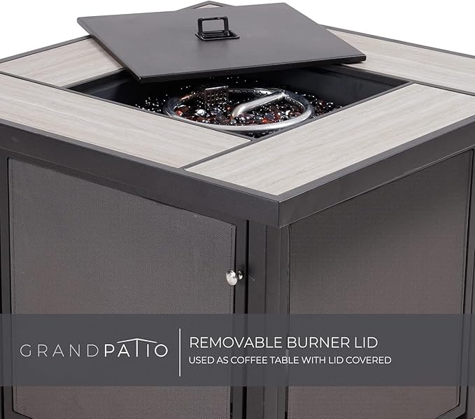 Grand Patio Outdoor Gas Fire Pit Table 32-Inch Square Propane Gas Fire Pit with CSA Safety Approval 50000 BTU Heat Sling Base Ceramic Tile Top and Lava Rock for Garden Backyard and Deck Parties