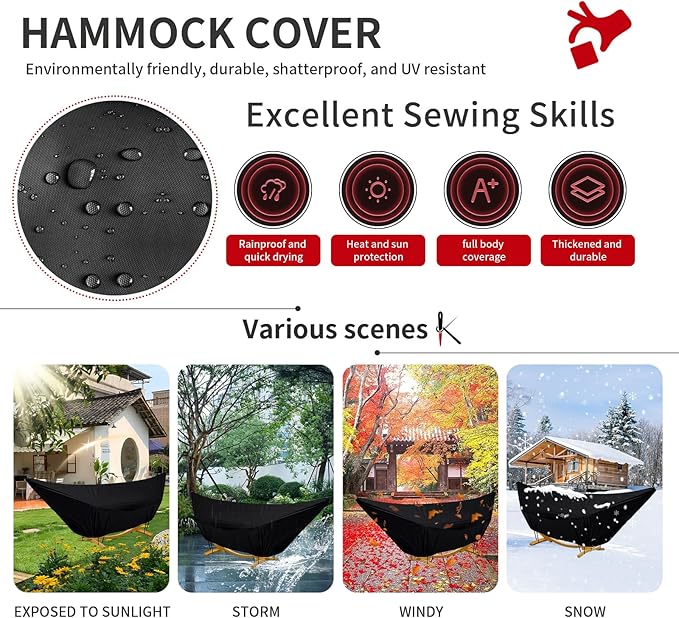 Outdoor Waterproof Hammock Cover for 11-12FT Hammock Standwith Zip and Elastic Ropesand It has Windproof Effect420D Heavy Duty Oxford (Black11-12foot)