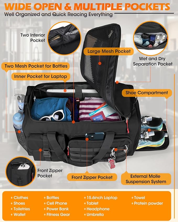 RAINSMORE Gym Bag for Men 45L Sports Travel Duffel Bag with Shoe &amp Laptop Compartment Gym Workout Backpack Carry On Weekender Bag Overnight Backpack for Travel Black