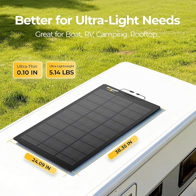 BougeRV Upgrade Arch 100W N-Type Fiberglass Flexible Solar Panel 24 Volts 16BB Mono Cell 25% High-Efficiency 270° Lightweight Compact for RV Boat Marine Camping Home Curve Surface Black