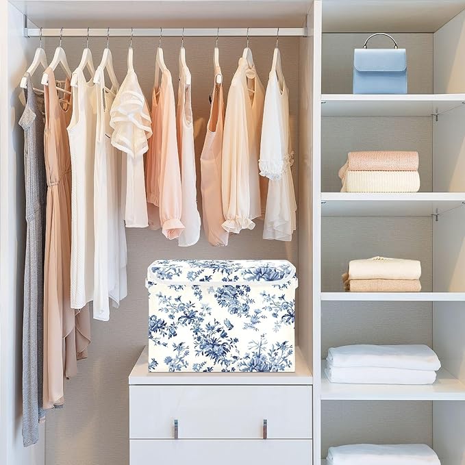 Texture Blue Flowers Large Storage Bins with Linen Foldable Storage Cubes Fabric Closet Organizer Containers box with Flip-Top Lid for Home Office Closet 16.5” x 12.6” x 11.8”