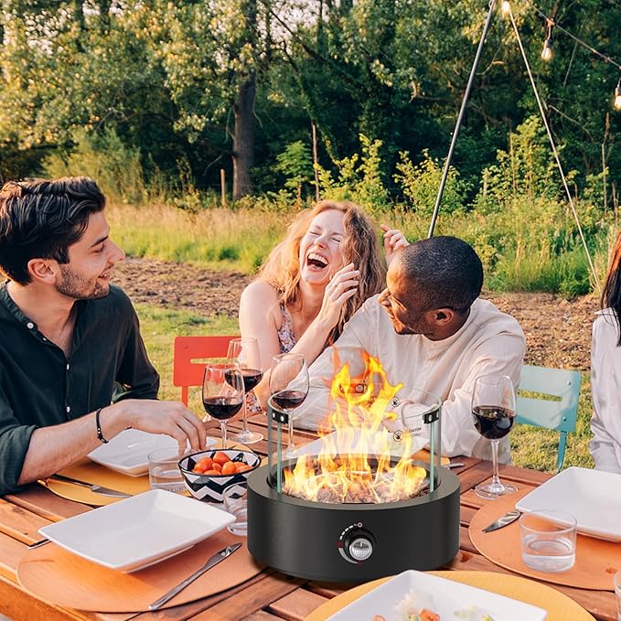 ONLYFIRE OUTDOOR LIVING 15.7 Portable Propane Gas Fire Pit Side-Mounted Modern Tabletop Fireplace Smokeless Firepit with Glass Wind Guard for Patio Camping RV Tailgating 23000BTU Round FP038