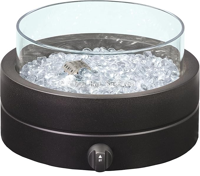 Amazon Basics 14-Inch Round Propane Fire Pit 9000 BTU Portable Tabletop Fireplace with Glass Stones Umbrella Hole Compatible for Outdoor Patio Tables Gas Fire Pit for Dining Brown
