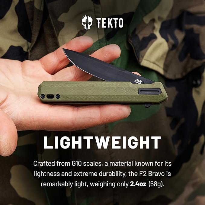 TEKTO F2 Bravo Folding Pocket Knife - D2 Steel Blade Ceramic Ball Bearings - EDC - Snap Swift Flip for Camping Backpacking - 2.4oz (68g) G10 OD Green Handle Black Titanium Accents