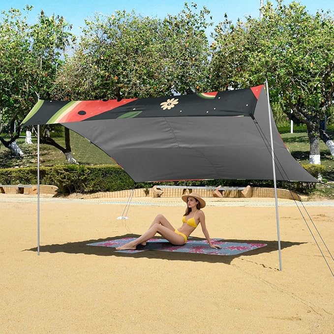 ALAZA Watermelon Floral Leave on Black Beach Tent Sun Shelter Portable Canopy Sunshade for Outdoor Camping Picnics Backyard Fun 10x9 ft