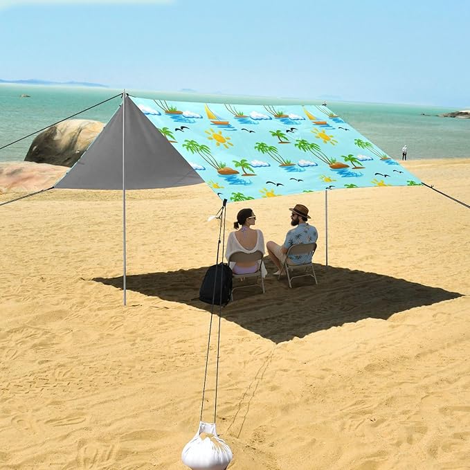 xigua Landscape Beach Tent Sun Shelter with Carrying Bag - Silver Coated Oxford Fabric Beach Canopy for Beach Camping Fishing - Includes Windproof Ropes Sandbags &amp Stakes