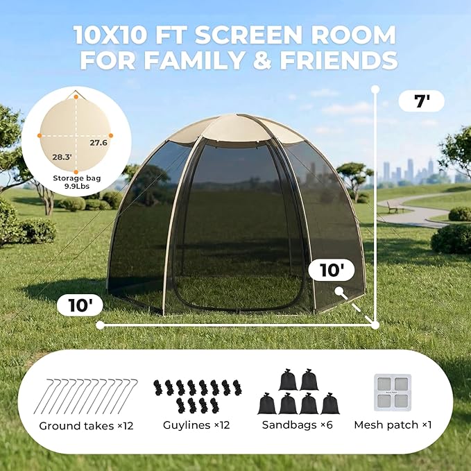 Alvantor® Pop Up Screen House Tent Snap-fit Mesh Screen Gazebo with Peaked Roof Portable Screen Room Canopy Shelter with Sandbags for Camping Backyard Picnic