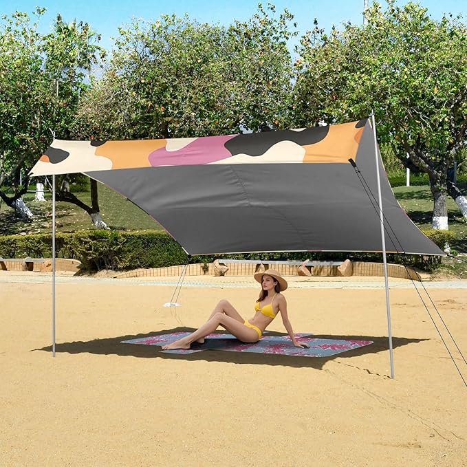 Marigold Beach Cabana Tent UPF50+ Lightweight Shade Sun Shelter with Sandbags Sand Shovel Poles for Camping Picnics Backyard