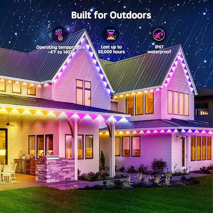 50FT Permanent Outdoor RGB LightsIP67 Waterproof Smart LED Eaves Lights with App/Remote Controlfor Christmas and All Holiday DecorDaily and Accent LightingHouse Roof and Garden Lighting