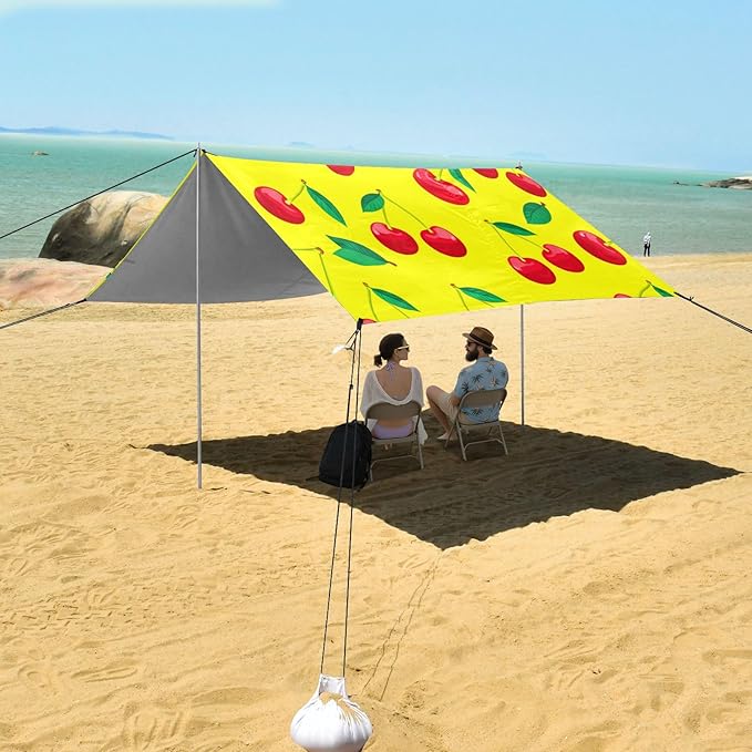 xigua Red Cherries Beach Tent Sun Shelter with Carrying Bag - Silver Coated Oxford Fabric Beach Canopy for Beach Camping Fishing - Includes Windproof Ropes Sandbags &amp Stakes