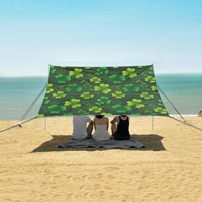 xigua St. Patrick's Day Clover Beach Tent Sun Shelter with Carrying Bag - Silver Coated Oxford Fabric Beach Canopy for Beach Camping Fishing - Includes Windproof Ropes Sandbags &amp Stakes