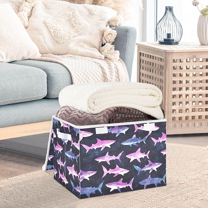 Storage Cube with Lid Silhouettes Sharks Print 16.5×12.6×11.8 IN 1 Pack Collapsible Large Capacity Foldable Storage Basket Bin Organizer