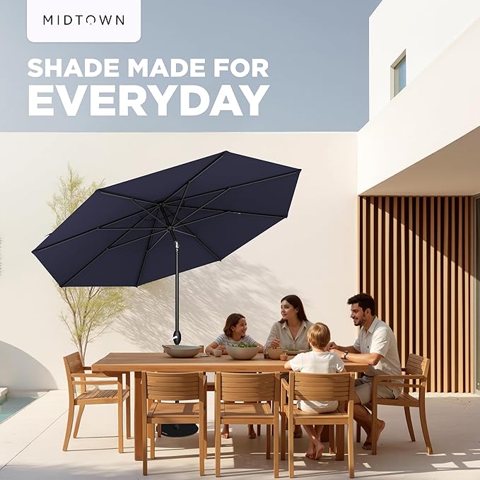 Midtown Umbrellas - 10-Year-No-Fade 9 Ft Patio Umbrella with Terylast Fabric Auto-Tilt Aluminum Frame and 8 Reinforced Ribs for Deck Pool Garden &amp Beach - Navy Blue Canopy Black Pole