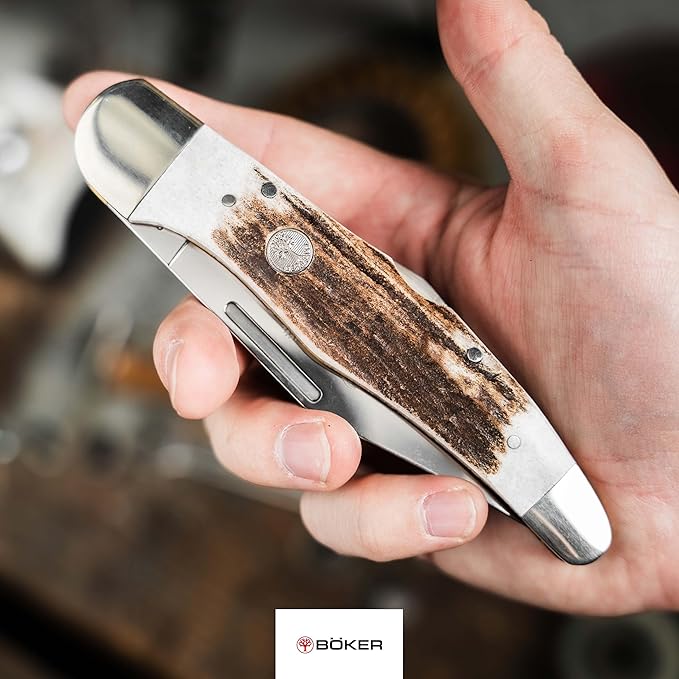Boker Folding Hunter Single Blade 4.5 Inch Folding Pocket Knife Genuine Stag Handles Traditional Sereis 2.0 Made In Germany
