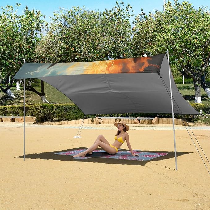 ALAZA Half Fire Half Water Wolf Beach Tent Sun Shelter Portable Canopy Sunshade for Outdoor Camping Picnics Backyard Fun 10x9 ft