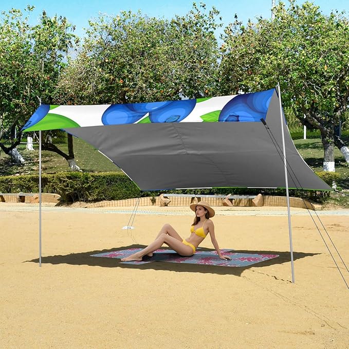 Beach Canopy with Windproof Ropes &amp Sandbags Beach Tent Sun Shade Sun Shelter for Camping Trips Fishing Backyard Fun or Picnics Blueberries
