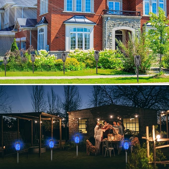 Outdoor Solar Lights Blue 12 Pack Solar Torch Lights with Flickering Flame Waterproof Mini Tiki Torches for Landscape Garden Pathway Dusk to Dawn Auto On/Off