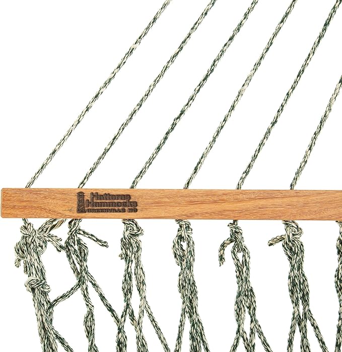 Hatteras Hammocks Small Green Oatmeal Heirloom Tweed DuraCord Rope Hammock – 11 ft. x 45 in. 450 lb Capacity Cumaru Spreader Bar Zinc-Plated Hardware Handcrafted in The USA