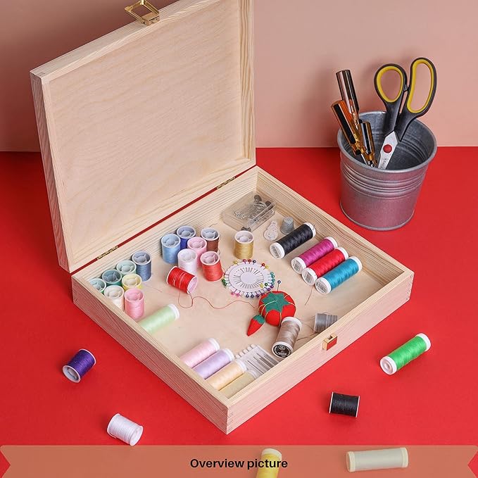 Creative Deco Wooden Storage Box Unpainted Plain | 11.41 x 9.84 x 2.55 in | Golden Latch &amp Lid | Perfect for Storing Valuables &amp Small Items in the Office or Bedroom | Keepsake Memory Trinket