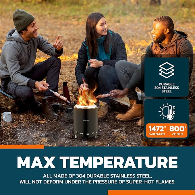 CAMPIOR Wood Burning Fire Pit Stove with Black Exterior - Smokeless Outdoor Stove for Efficient Wood Fires Camping and Gatherings Stainless Steel with Removable Ash Pan Stand and Carry Bag