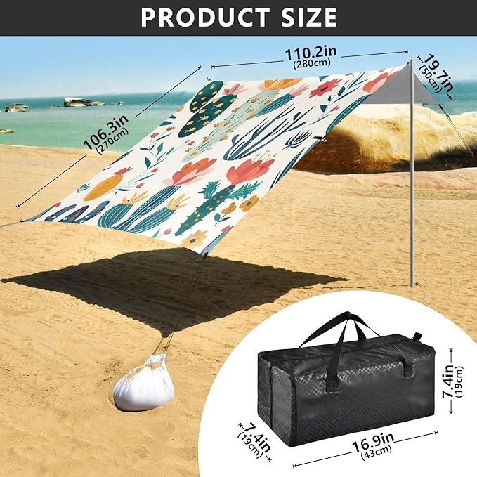 ALAZA Cacti Succulents Floral Seamless Beach Tent Sun Shelter Portable Canopy Sunshade for Outdoor Camping Picnics Backyard Fun 10x9 ft