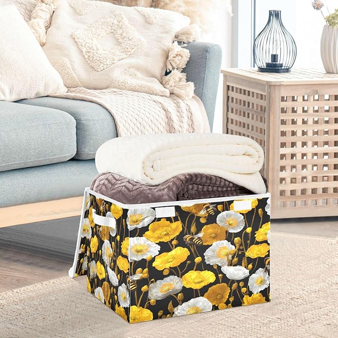 Storage Bins With Lid Stackable Fabric Closet Organizer Clothing Storage Large Boxes For Closet Shelves Bedroom Black Bees and Poppies