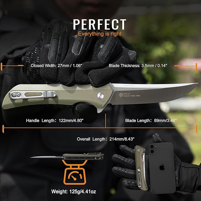 Heavy Outdoor Tactical Folding Pocket Knife for men14C28N Stainless Steel BladeG10 HandleLiner LockEDC Hunting Bushcrafting Camping Knives Belt Clip CarryMicrotech Elemental Fishing HikingFather