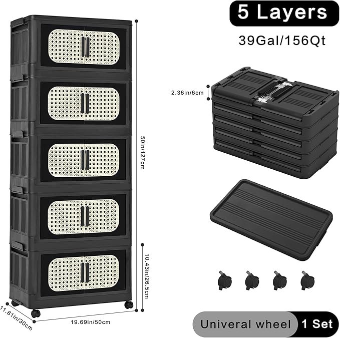 5 Tiers Folding Storage Cabinet20 Side Wide Stackable Storage Bins with Doors and Wheels Space Saving Plastic Cabinet for Living Room Office Dorm Retro Black