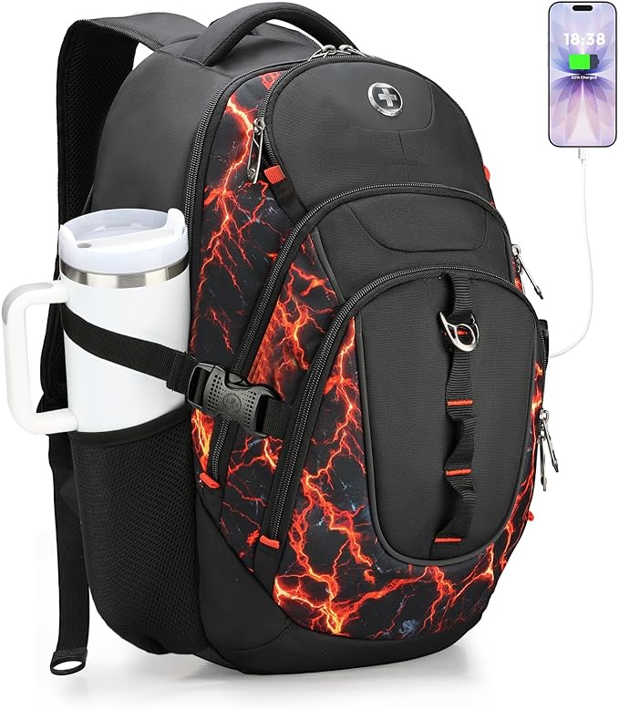 Swissdigital Laptop Backpack with USB Charging Port Travel Backpack Fits 15.6 inches Computer 31L Backpack for Men Flame Red | SD803-97