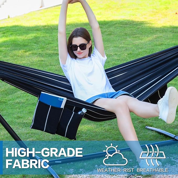 PNAEUT Double Hammocks with Stand for Outside Portable Space Saving Heavy-Duty Steel Stand for Indoor Outdoor Patio with Carrying Bag 450 lbs Capacity (Chasm)