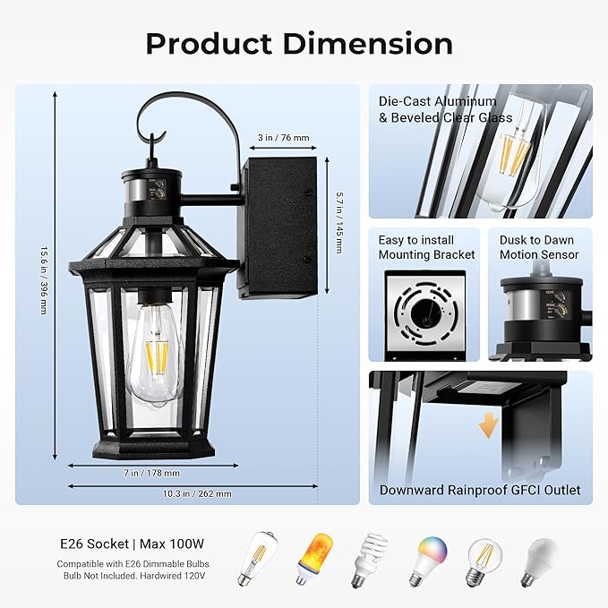 Gleamz Porch Lights Outdoor with GFCI Outlet Black Motion Sensor Light Wall Mount 100% Aluminum Anti-Rust Waterproof Outside Light Fixture for House Patio Garage Adjustable Distance Time 5 Modes