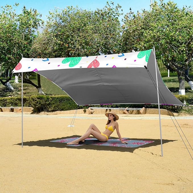 Beach Canopy with Windproof Ropes &amp Sandbags Beach Tent Sun Shade Sun Shelter for Camping Trips Fishing Backyard Fun or Picnics Heart