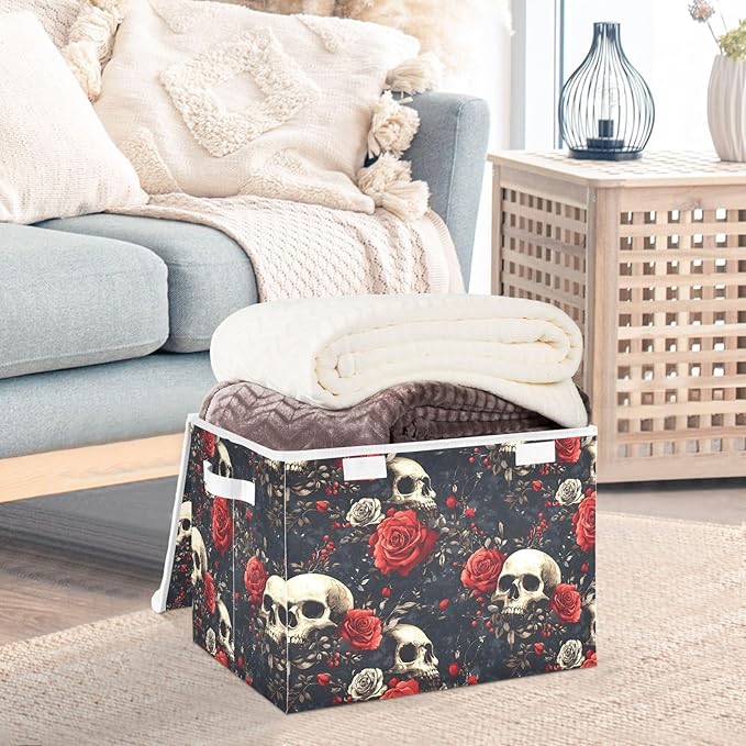 Rose Skulls Storage Cube Bins Basket with Lid Collapsible Flip-top Fabric with Handle for Home Bedroom Closet Office 16.5×12.6×11.8 in