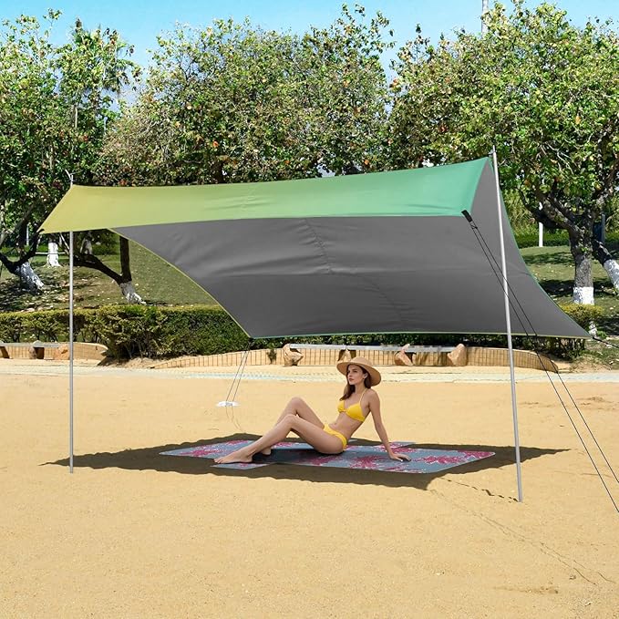 Turquoise Yellow Gradient Stable Beach Tent UPF50+ Water-Resistant Sun Shelter with Sturdy Poles Sandbags and Shovel for Camping Picnics Backyard