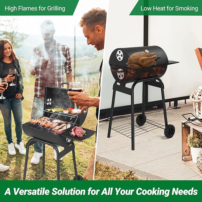 Outvita Barrel Charcoal Grill with Warming Rack Outdoor BBQ Grill with Side Table with Nearly 268 Sq.In. Cooking Grid Area for Backyard Patio Picnic Parties Camping Black