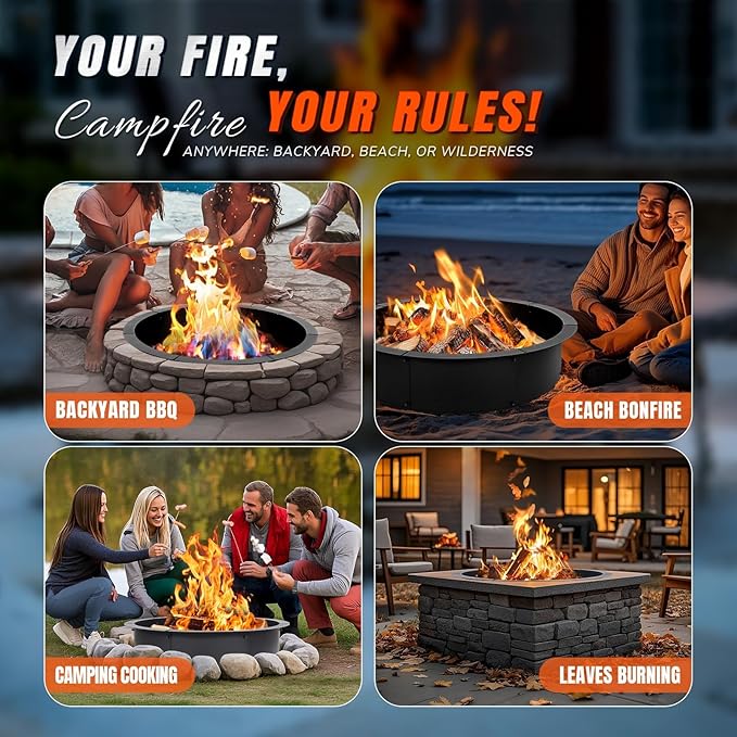 INNO STAGE 31 Inch Fire Pit Ring (35 Inch Outer) Heavy Duty Steel Fire Ring Outside Large Round Fire Pit Insert DIY Camping Fire Ring Above or In-Ground Black Carbon for Patio Backyard Bonfire
