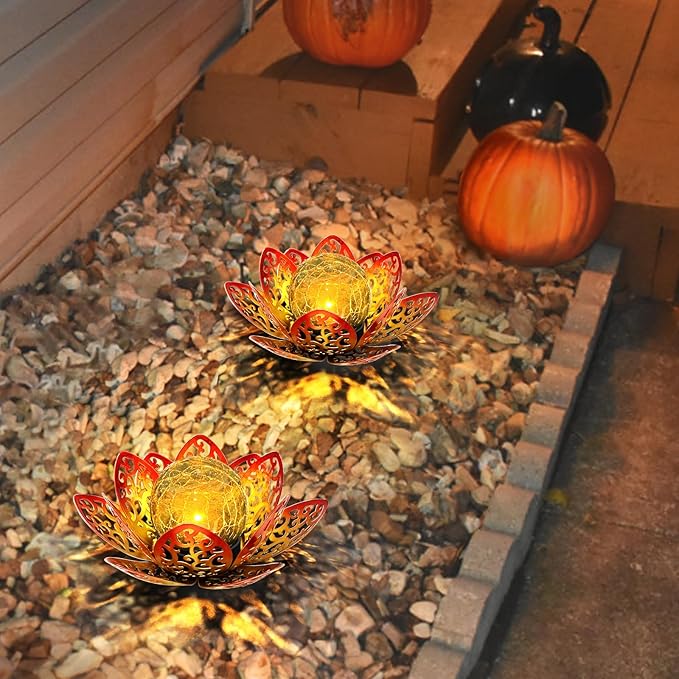 3 Pack Solar Lights Outdoor Garden 6.3  Glass Lotus Lamp Waterproof LED Metal Flower Lights Outdoor Garden Table Decor for Outside Balcony Patio Deck Porch Walkway