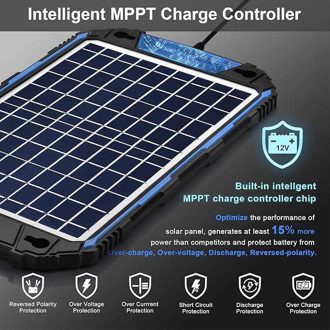 SUNER POWER Waterproof 10W 12V Solar Battery Charger &amp Maintainer Pro Built-in UltraSmart MPPT Charge Controller 10 Watt Solar Panel Trickle Charging Kits for Car Automotive Boat Marine RV Trail