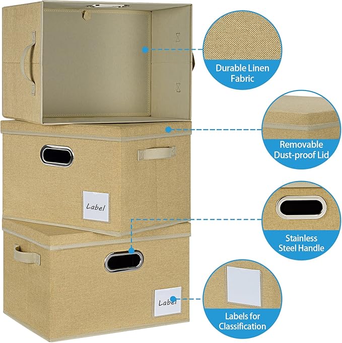 LHZK Extra Large Storage Bins with Lids [3-Pack] Linen Fabric Foldable Storage Boxes for Closet Organization 15.75x11.8x10.2 Stackable Storage Containers Storage Baskets for Organizing (Beige)